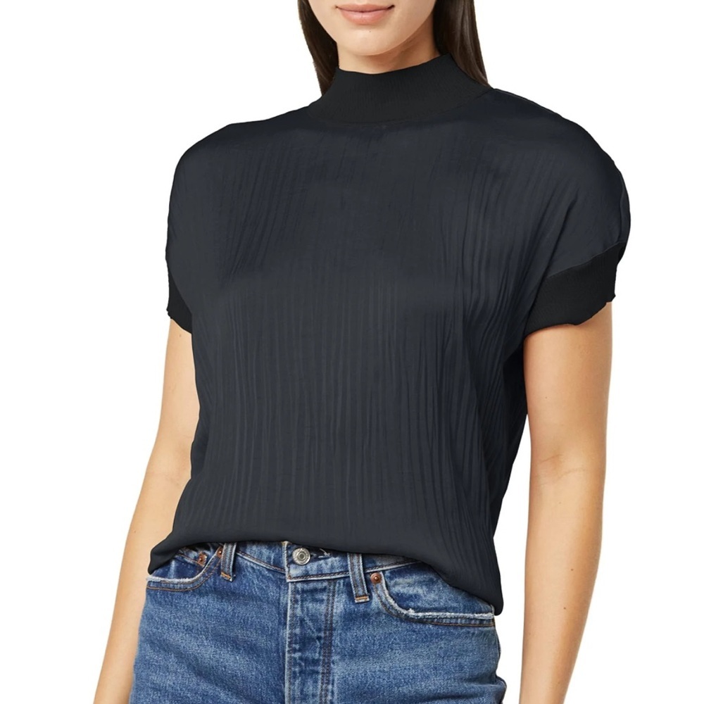 Vince Rib Mock Neck Crushed Satin Popover - Picture 3 of 11